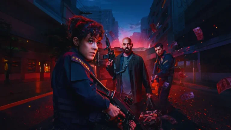 Three armed federal agents stand on a dark street with neon-lit buildings behind them in Criminal Code promo.