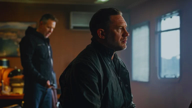 Tom Hardy as Harry Da Souza sitting in tense MobLand finale scene on Paramount+ crime series.