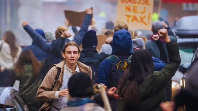 Young woman walks through protest crowd during evacuation scene in Netflix’s Families Like Ours.