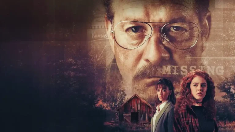 Lifetime film poster: serial killer John Robinson’s menacing gaze over barn and two women.