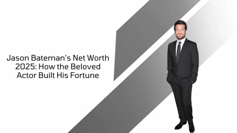 Jason Bateman in a black suit, smiling, featured in a 2025 net worth article graphic with modern design.