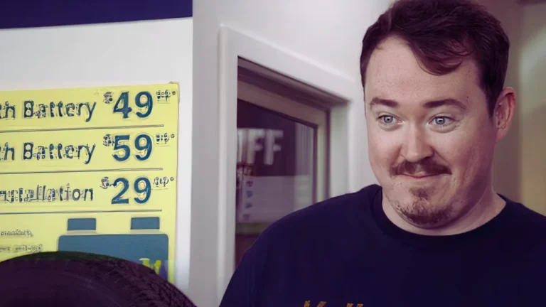 Man at shop with attentive expression standing next to a yellow price board listing battery services.