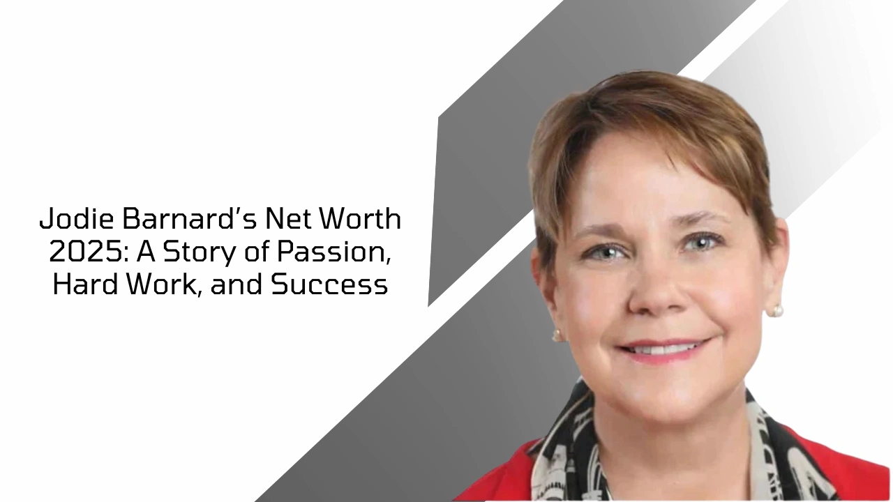 Jodie Barnard smiling with short hair and scarf, featured in net worth success story graphic 2025.
