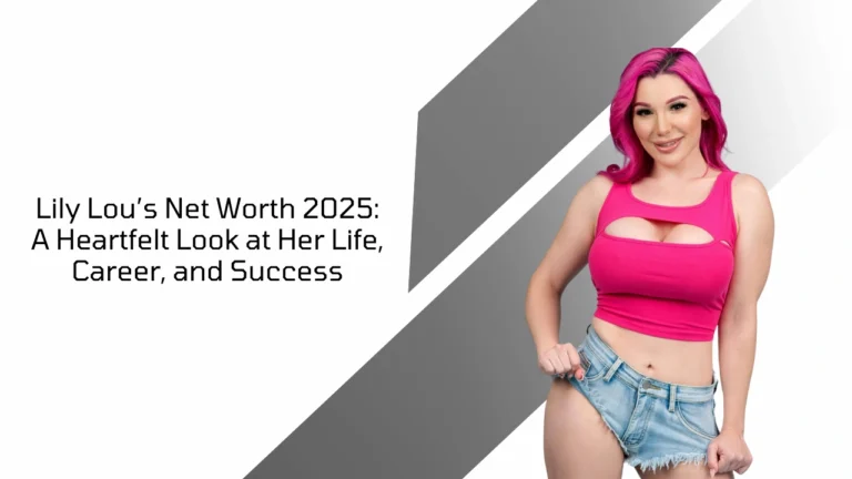 Lily Lou poses in pink top and denim shorts with article title about her 2025 net worth and success