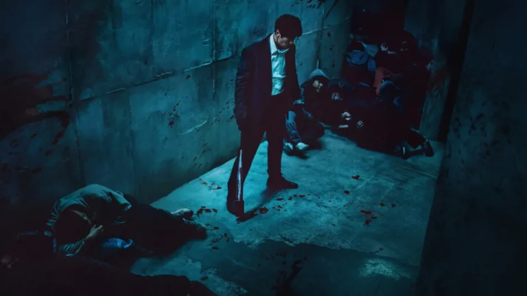 Mercy for None corridor scene featuring lead standing amid defeated enemies in a dimly lit tunnel.