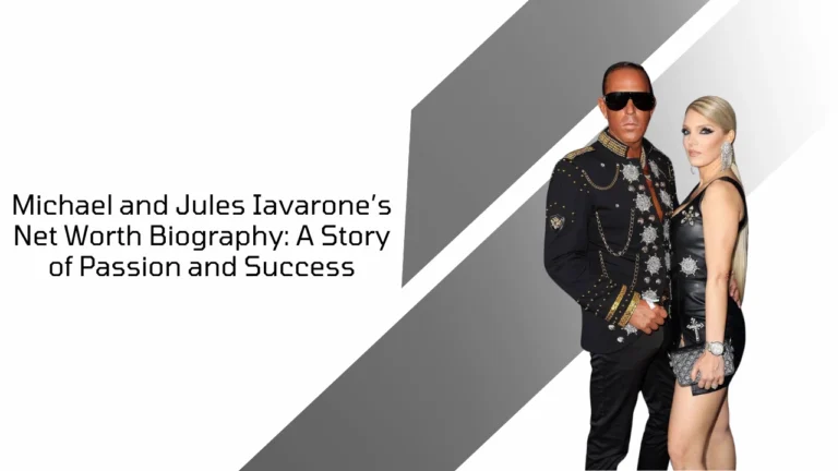 Michael and Jules Iavarone posing together in stylish black outfits for their net worth biography feature.
