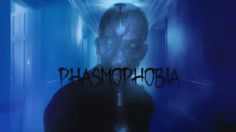 Phasmophobia game title screen with eerie ghost face in haunted hallway.