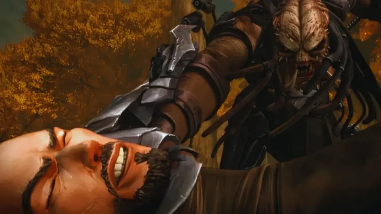 Predator leans over a wounded Viking warrior in autumn woods, attacking with wrist blade in animated feature.