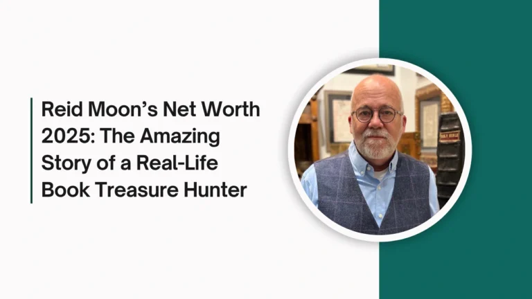 Reid Moon’s Net Worth 2025 article title with a business portrait and rare books in the background.