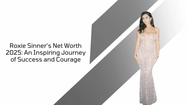 Roxie Sinner in an elegant gown with title text about her 2025 net worth and inspiring career journey.