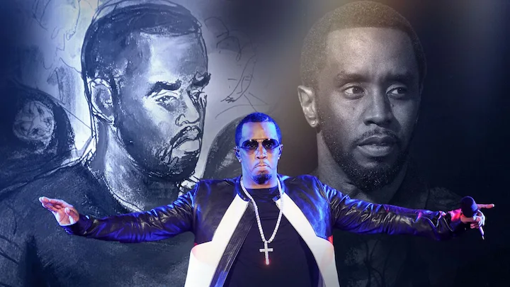 Sean Combs with courtroom sketch and performance photo in legal news graphic.