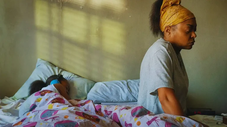Amber (Taraji P. Henson) sits on a bed beside her sleeping son under a colorful blanket, showing her exhaustion.