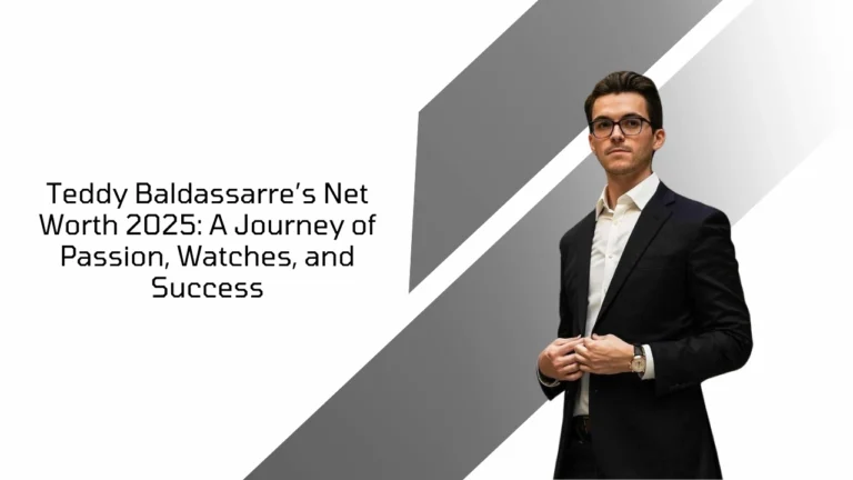 Teddy Baldassarre wearing a suit, featured in an article about his 2025 net worth and success journey