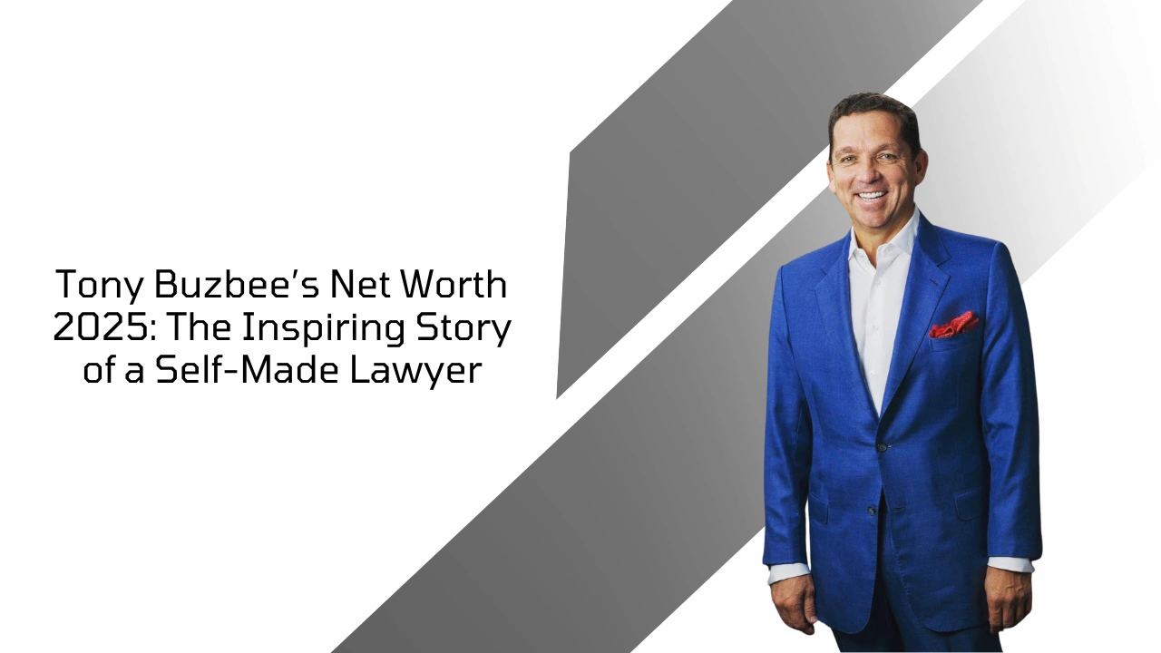 Tony Buzbee in blue suit smiling, Net Worth 2025 inspiring story headline image.