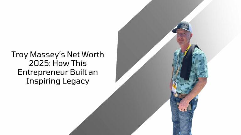 Troy Massey standing with text about his net worth 2025 and career success on a modern background