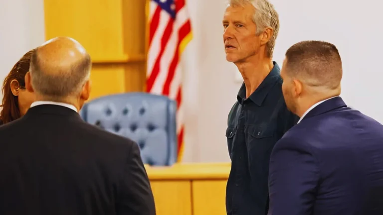 Man standing in a courtroom between two officials beside an American flag, tense hearing scene now!!
