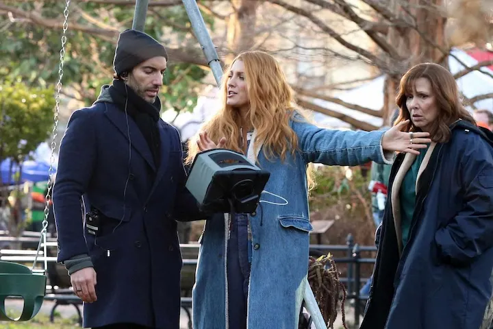 Blake Lively and Justin Baldoni on set with crew members during It Ends With Us shoot.