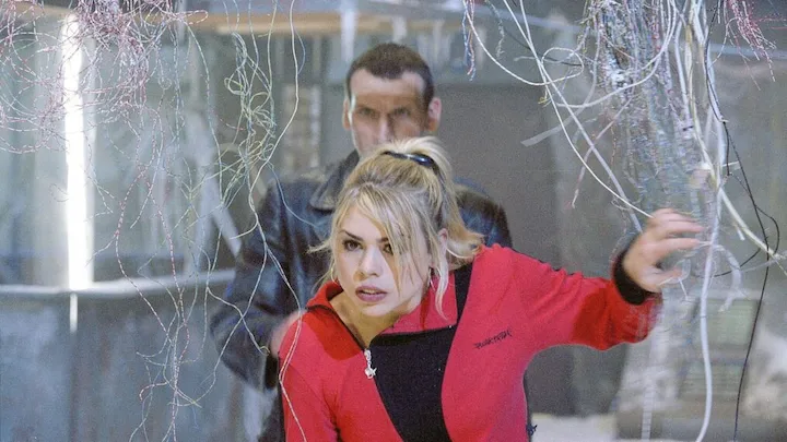 Billie Piper as Rose Tyler with the Ninth Doctor in classic 2005 Doctor Who episode.