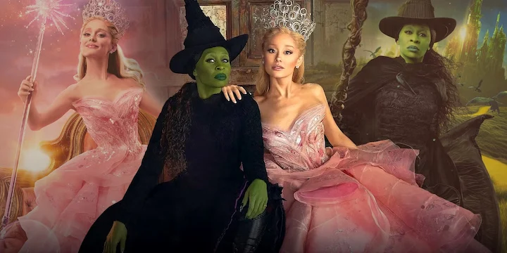 Collage for Wicked features Ariana Grande and Cynthia Erivo alternating as Glinda and Elphaba. Oz !