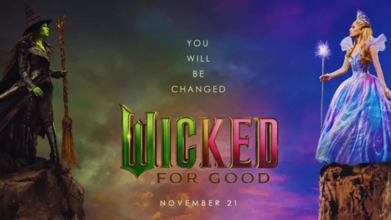 Elphaba and Glinda face off on opposing cliffs under a stormy sky with the Wicked for Good logo. Oz