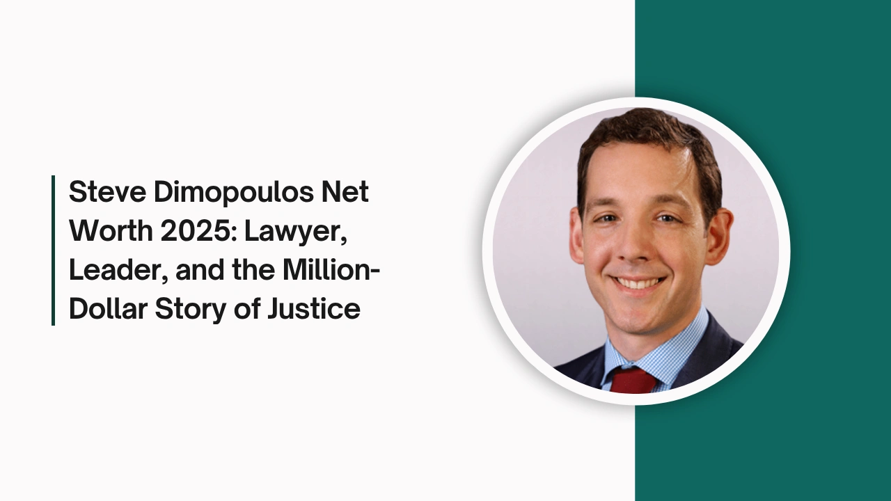 Steve Dimopoulos smiling in a suit beside article title about his 2025 net worth and success