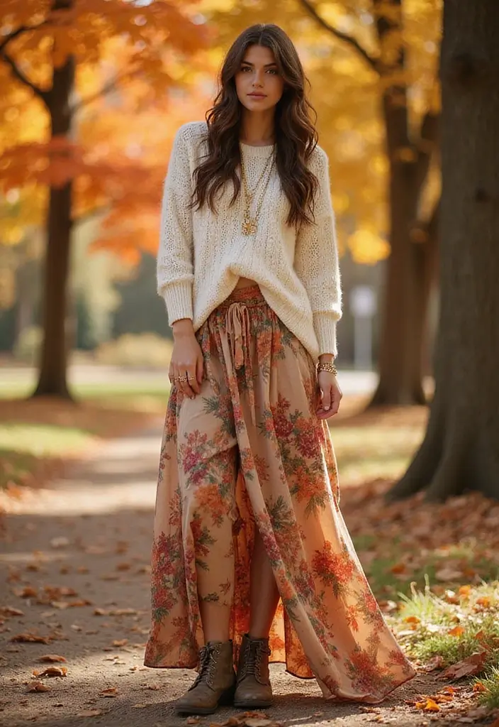 25 Long Skirt Outfit Ideas Perfect for September Fashion - 1. Floral Maxi Skirt with a Chunky Knit Sweater