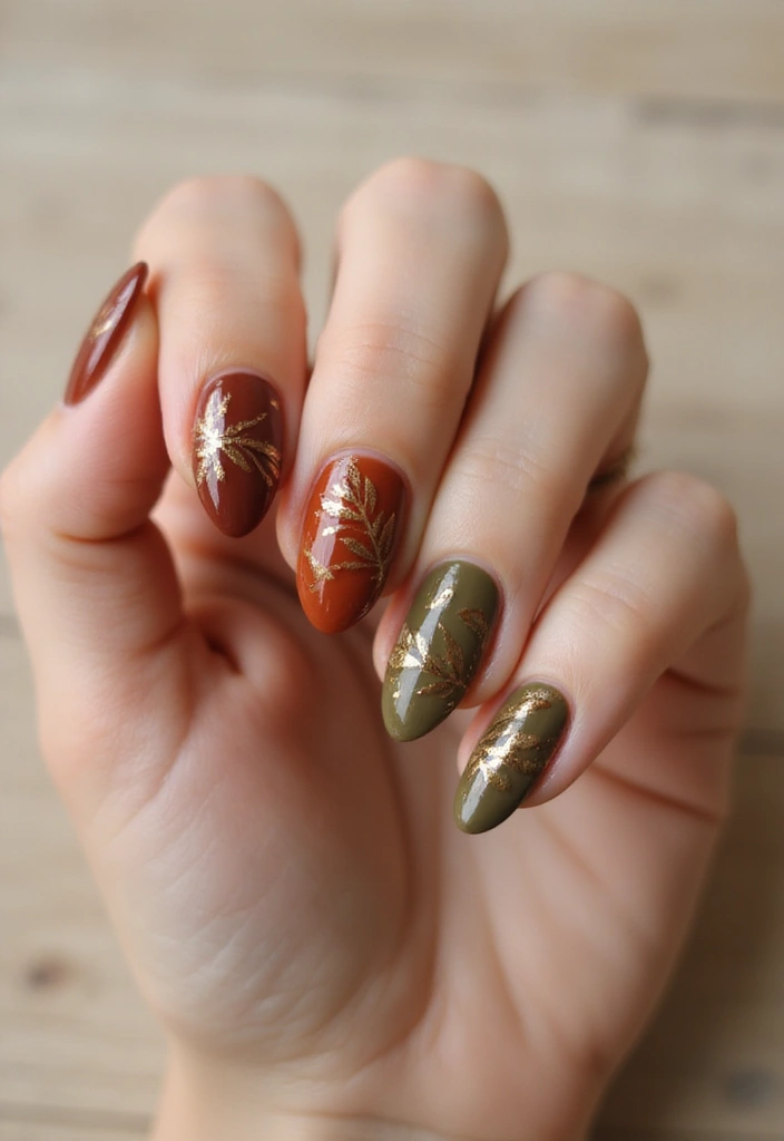 30 Gorgeous Almond Nail Designs That Look Chic on Everyone - 1. Earthy Tones with Leaf Accents