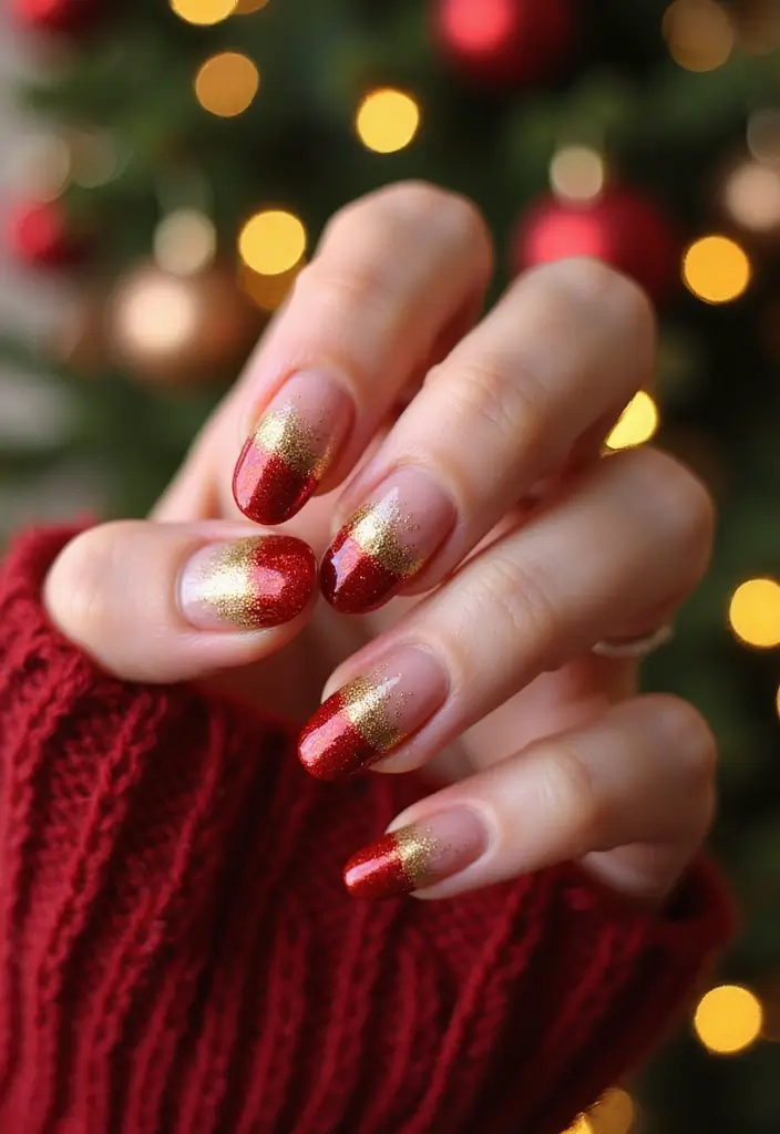 30 Holiday Nail Designs to Sparkle All December - 1. Sparkling Red and Gold Ombre